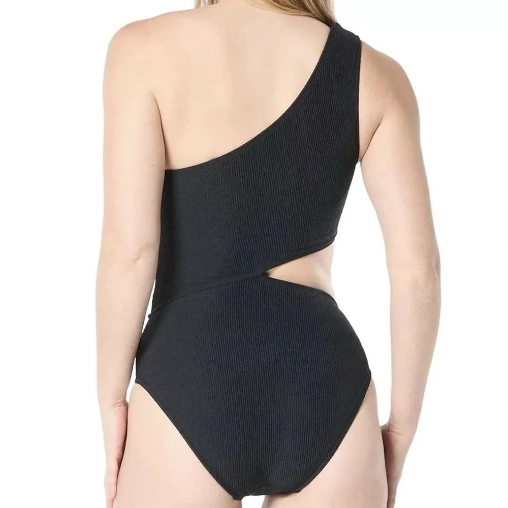 Michael Kors Black One-Shoulder Side-Cutout One-Piece Swimsuit Ribbed Texture 14